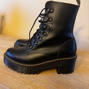 Dr. Martens Black Leather Lug-Soled Platform Combat Boots with Yellow Stitching